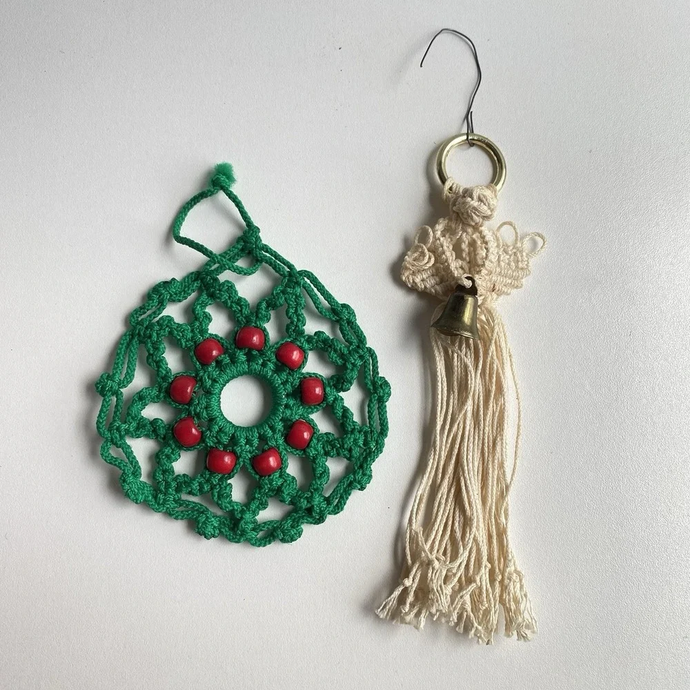 Vintage Handmade‎ Macrame Angel Wreath Ornament Christmas Decor Lot Of 2
